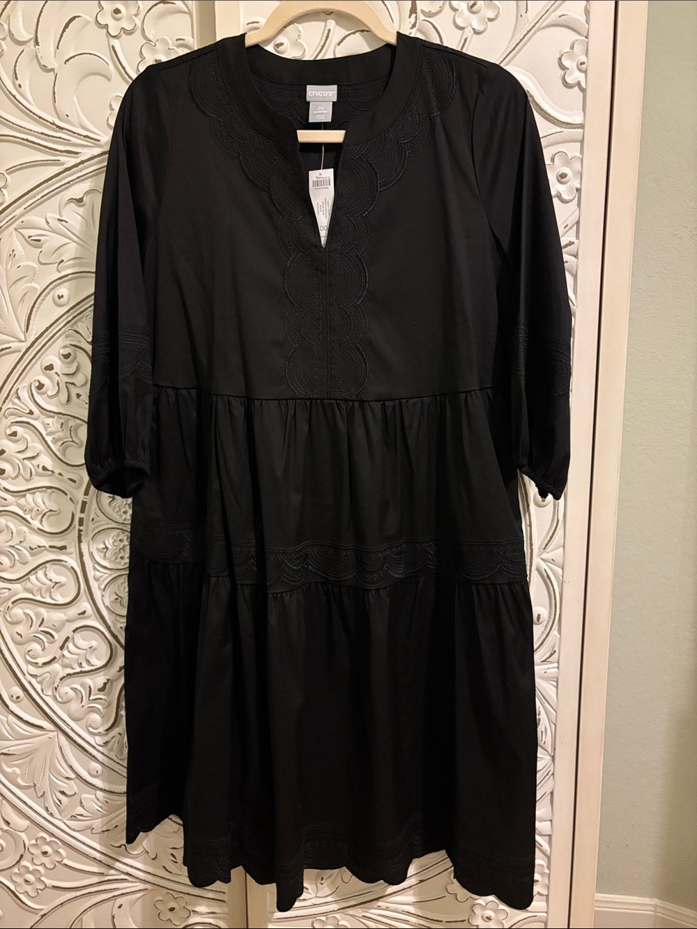 Black Embroidered Tiered Midi Dress